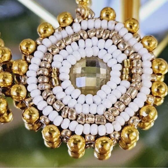 2/$27 | White + Gold Beaded Bohemian Indigenous Native Hoop Earrings | Handmade - Picture 7 of 10